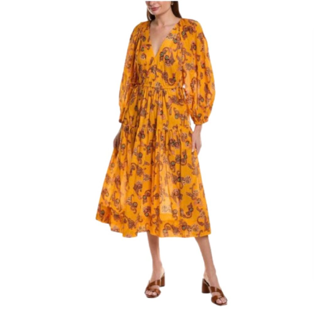 ALC Sayer Midi Dress Womens 14 Yellow Long Sleeve Print Cotton Voile V-Neck